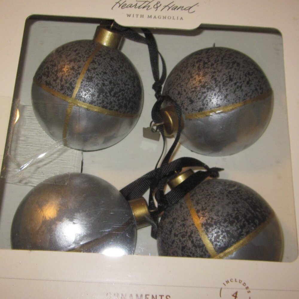 Hearth & Hand lot of 4 ornaments brass and blue brass crowns lg glass ornaments